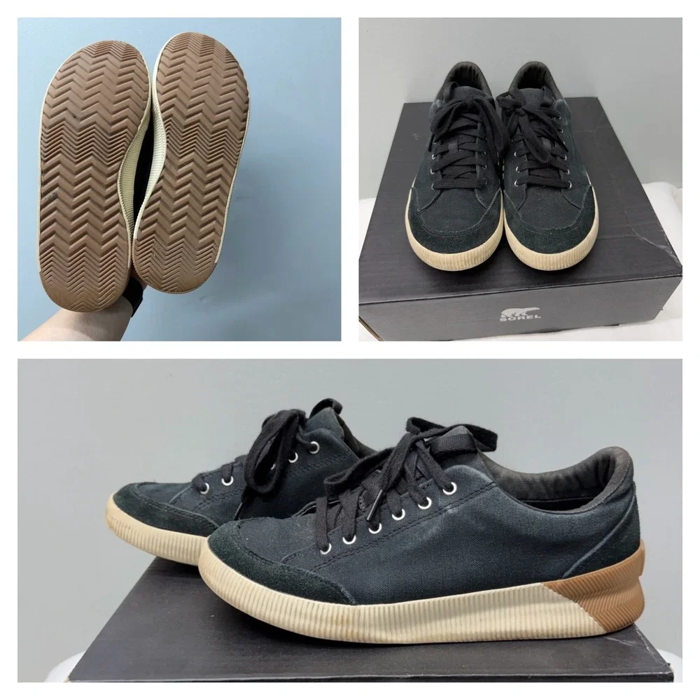 Sorel Out N About Plus Womens 8 Low Waterproof Sneakers Black Suede Canvas